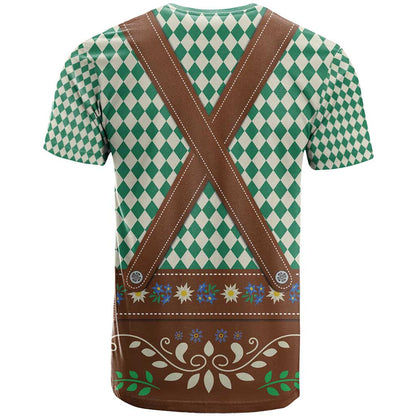 Lederhosen Oktoberfest T-Shirt Green Edelweiss Floral Polka Dots Graphic Tee