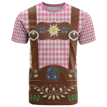 Lederhosen Oktoberfest T-Shirt Pink Edelweiss Floral Polka Dots Graphic Tee