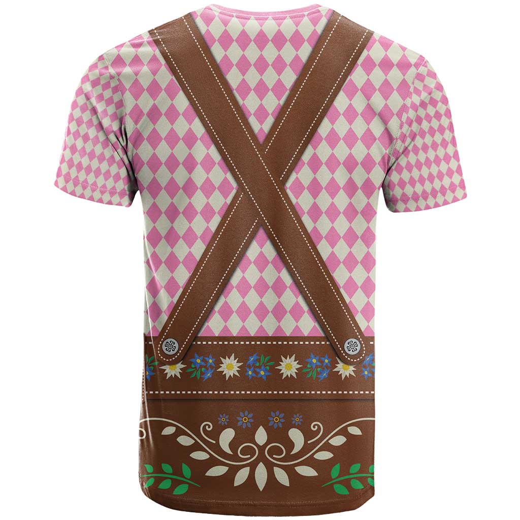 Lederhosen Oktoberfest T-Shirt Pink Edelweiss Floral Polka Dots Graphic Tee