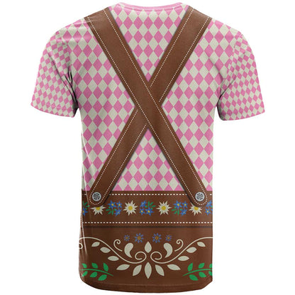 Lederhosen Oktoberfest T-Shirt Pink Edelweiss Floral Polka Dots Graphic Tee