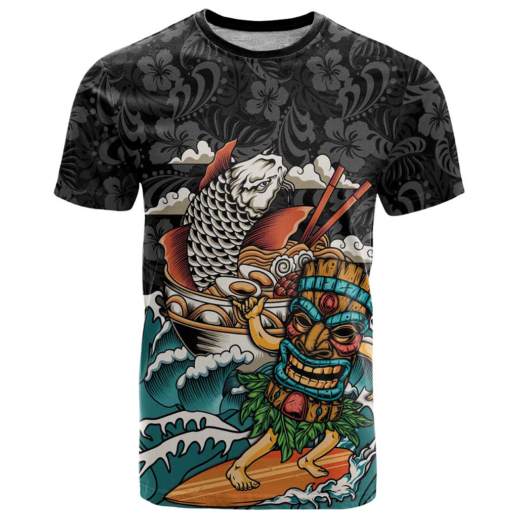 Personalized Japanese Koi Fish Ramen T-Shirt Tiki Surfing Wagara Hibiscus Pattern Graphic Tee