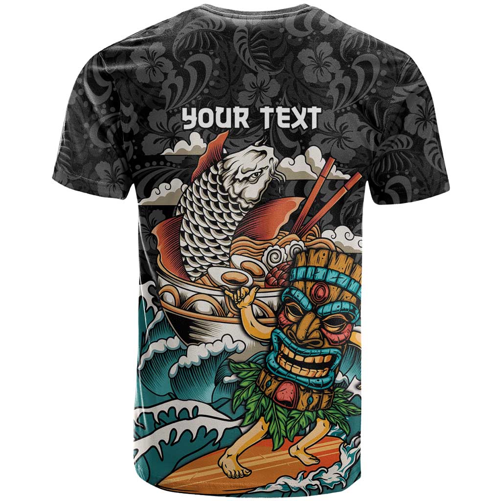 Personalized Japanese Koi Fish Ramen T-Shirt Tiki Surfing Wagara Hibiscus Pattern Graphic Tee