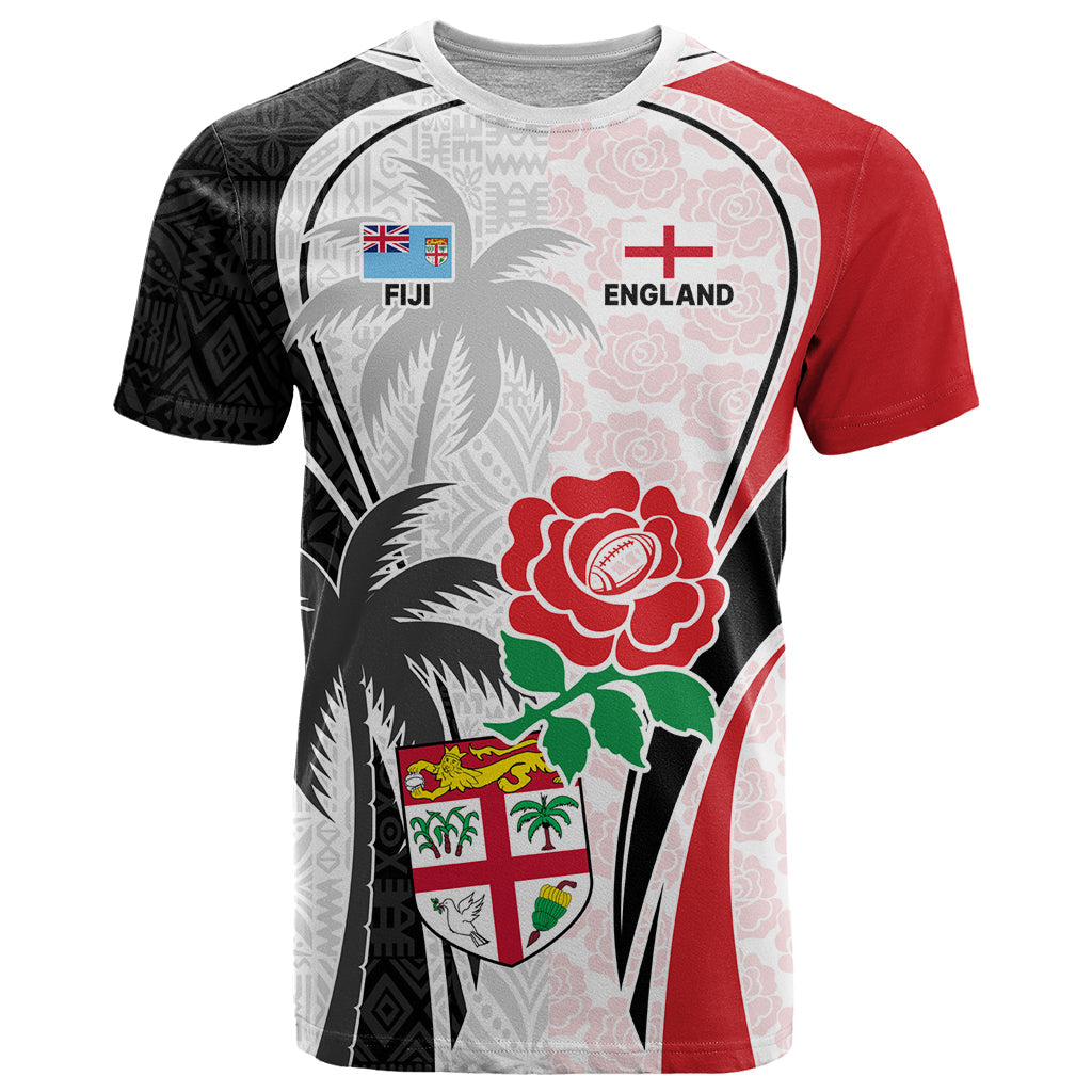 Custom Fiji England Rugby T-Shirt Tapa Pattern and Rose Flower World Cup Graphic Tee
