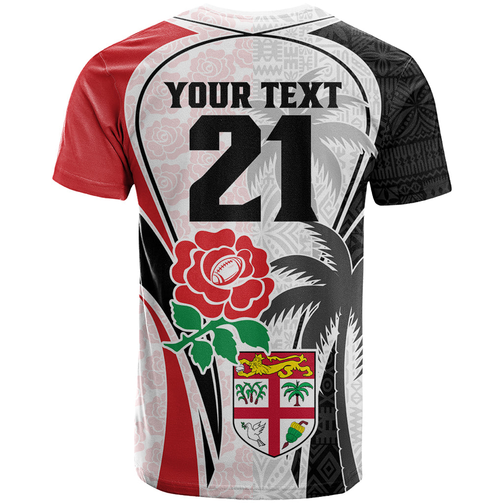 Custom Fiji England Rugby T-Shirt Tapa Pattern and Rose Flower World Cup Graphic Tee