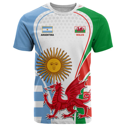 Wales Argentina Rugby T-Shirt The Welsh Dragon and Sol De Mayo World Cup Graphic Tee