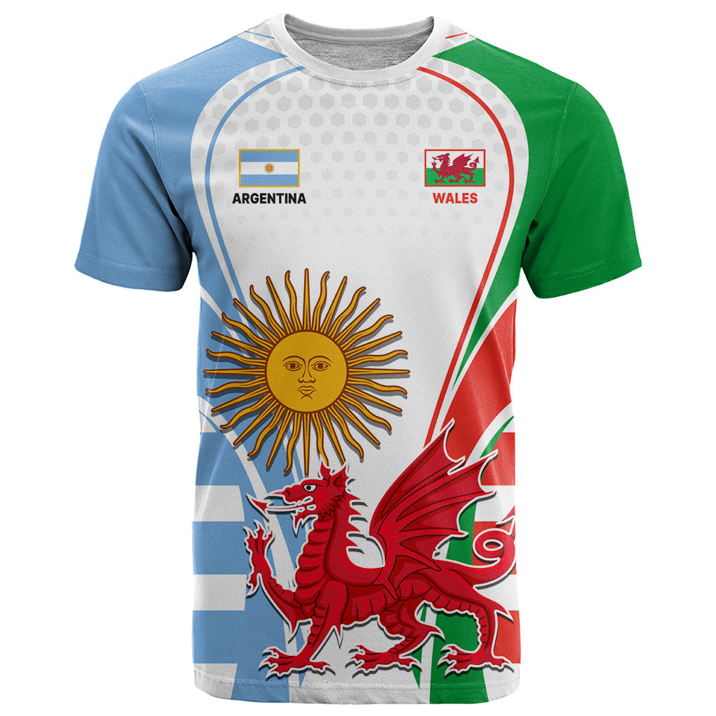 Custom Wales Argentina Rugby T-Shirt The Welsh Dragon and Sol De Mayo World Cup Graphic Tee