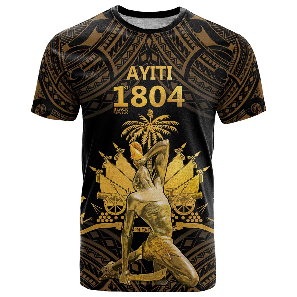 Haitian Negre Marron 1804 T-Shirt Gold Polynesian Pattern Graphic Tee