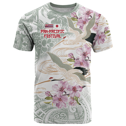 Personalized Japanese Shirasagi Bird T-Shirt Sakura and Hibiscus Polynesian Pattern Graphic Tee