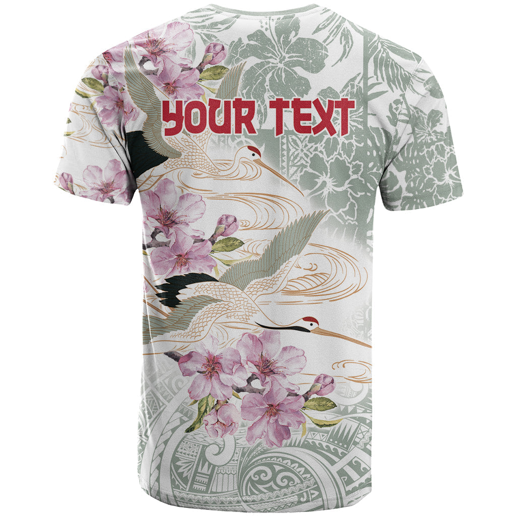 Personalized Japanese Shirasagi Bird T-Shirt Sakura and Hibiscus Polynesian Pattern Graphic Tee