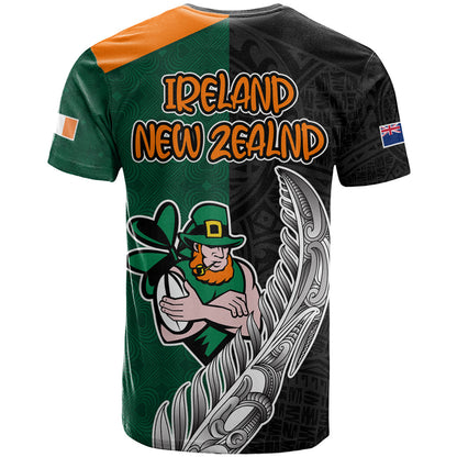 New Zealand Ireland Rugby T-Shirt Warrior Black Fern and Shamrocks World Cup Graphic Tee