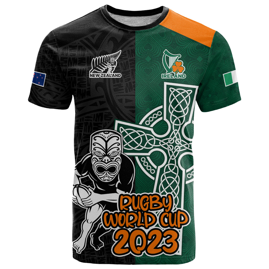 Custom New Zealand Ireland Rugby T-Shirt Warrior Black Fern and Shamrocks World Cup Graphic Tee