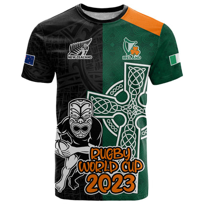 Custom New Zealand Ireland Rugby T-Shirt Warrior Black Fern and Shamrocks World Cup Graphic Tee