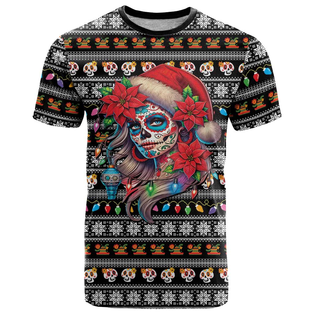 Mexican Sugar Skull Lady Christmas T-Shirt Feliz Navidad Mexico Graphic Tee