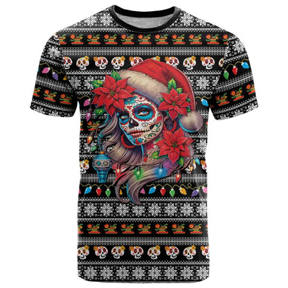 Mexican Sugar Skull Lady Christmas T-Shirt Feliz Navidad Mexico Graphic Tee