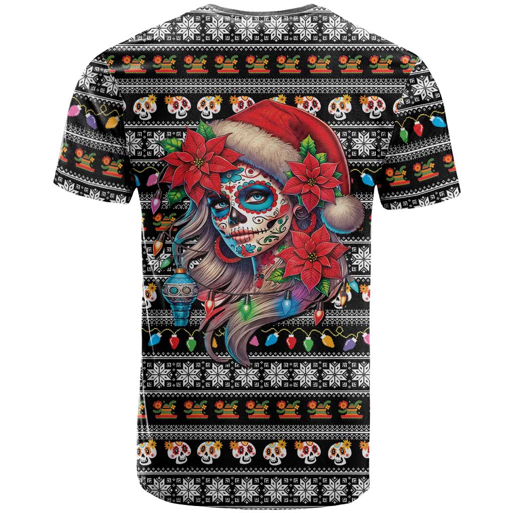 Mexican Sugar Skull Lady Christmas T-Shirt Feliz Navidad Mexico Graphic Tee