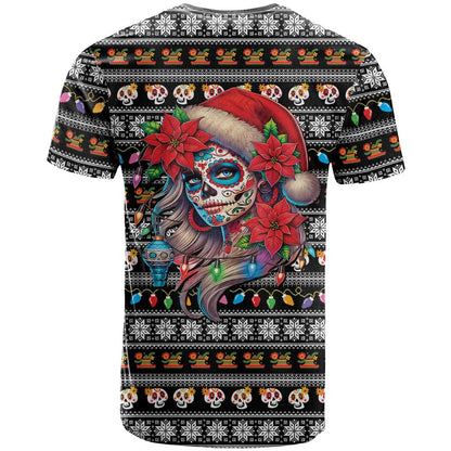 Mexican Sugar Skull Lady Christmas T-Shirt Feliz Navidad Mexico Graphic Tee