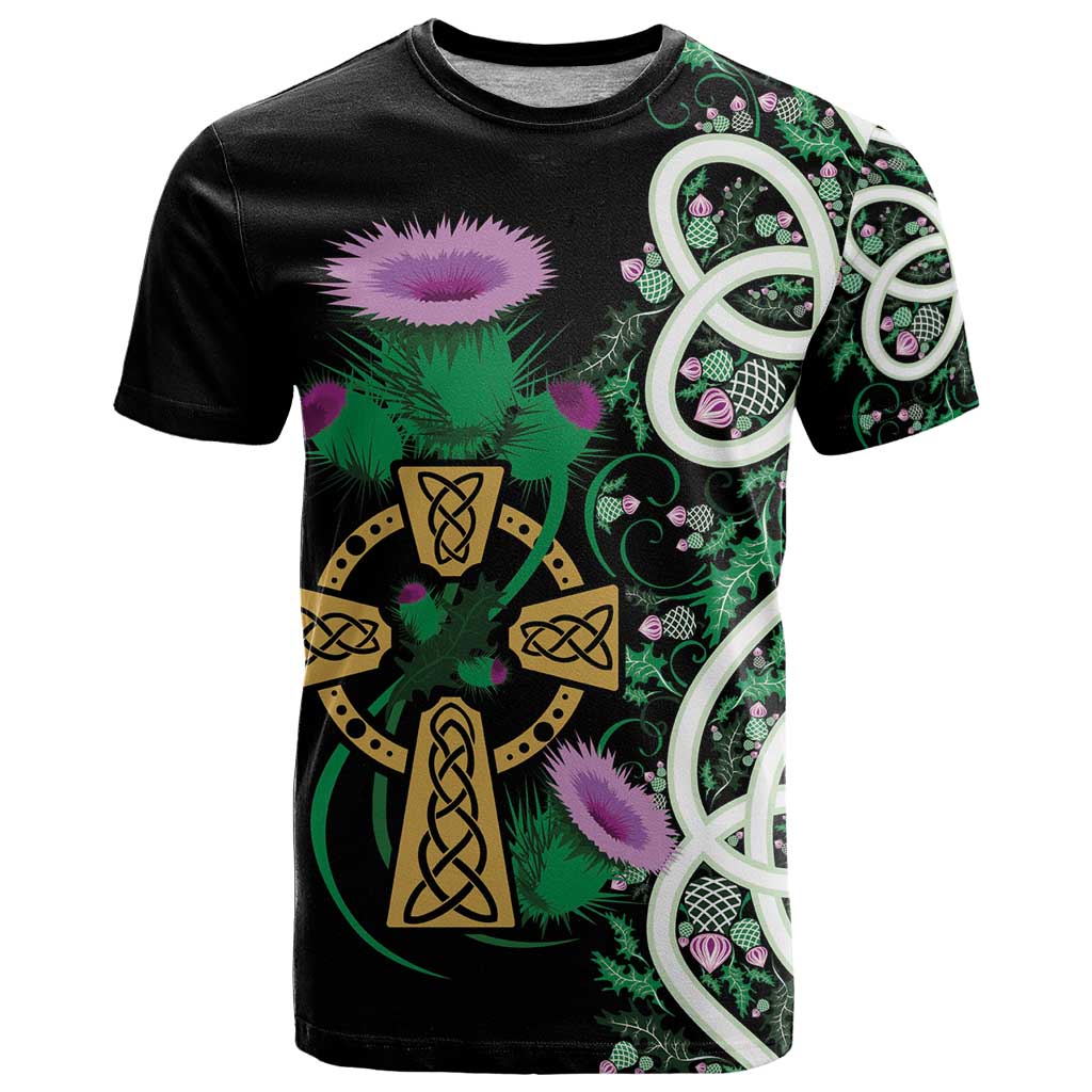 Scottish Celtic Cross Thistle Flowers T-Shirt Graphic Tee