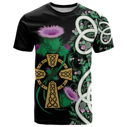 Scottish Celtic Cross Thistle Flowers T-Shirt Graphic Tee