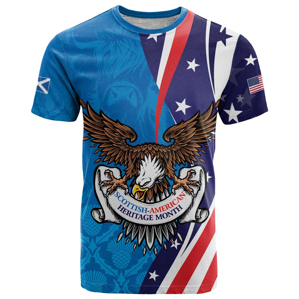 Scottish-American Heritage Month Personalized T-Shirt Highland Cow and USA-eagle Graphic Tee