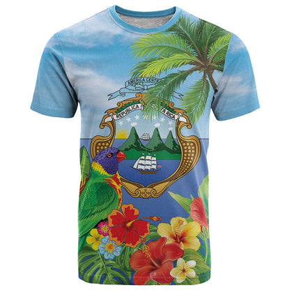 Costa Rica Parrot Tropical Flowers T-Shirt Graphic Tee