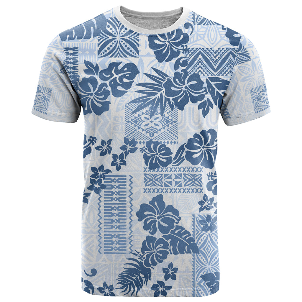 Vintage Hawaii T-Shirt Hibiscus Tapa Tribal With Hawaiian Quilt Pattern Blue Graphic Tee