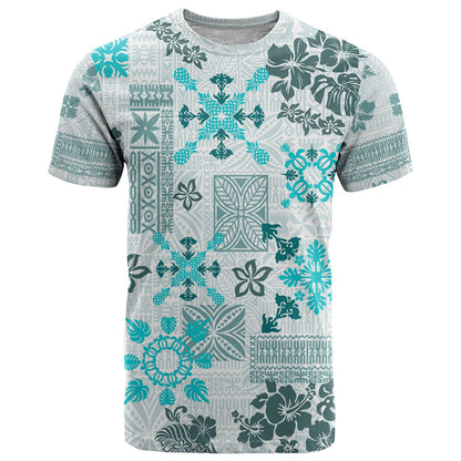 Hawaii Tapa Tribal T-Shirt With Hawaiian Quilt Pattern Aqua Graphic Tee