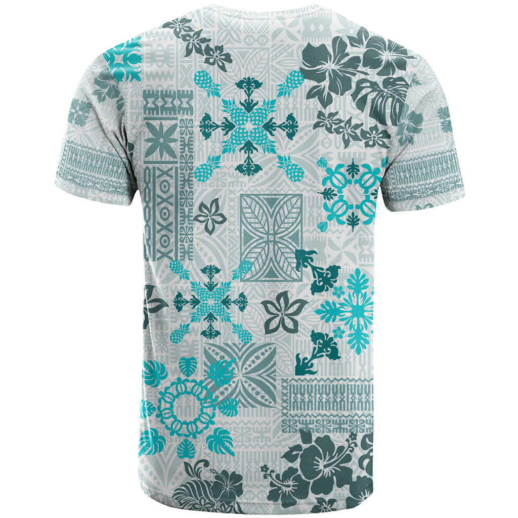 Hawaii Tapa Tribal T-Shirt With Hawaiian Quilt Pattern Aqua Graphic Tee