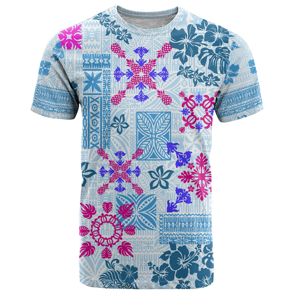Hawaii Tapa Tribal T-Shirt With Hawaiian Quilt Pattern Blue Graphic Tee