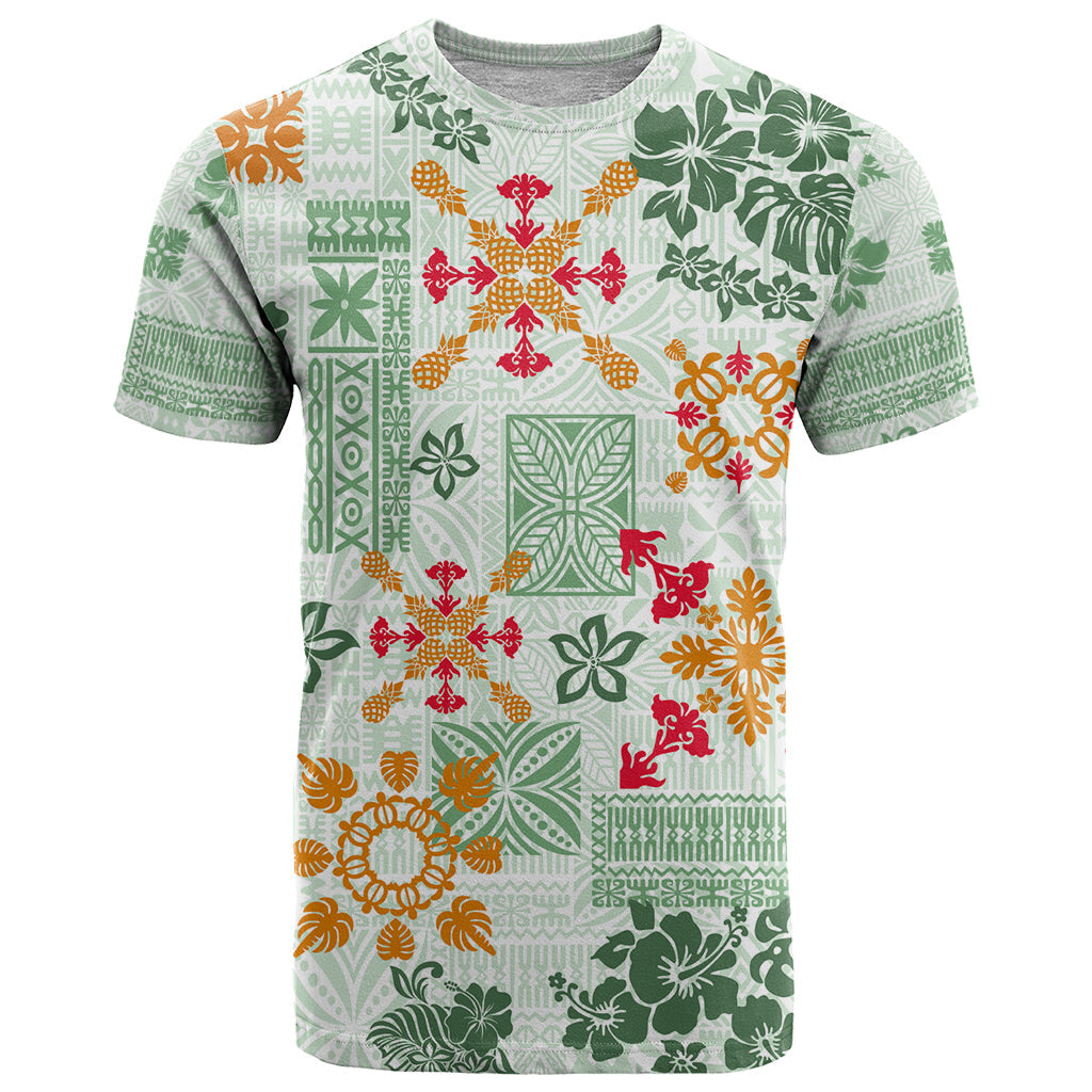 Hawaii Tapa Tribal T-Shirt With Hawaiian Quilt Pattern Green Graphic Tee