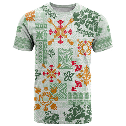 Hawaii Tapa Tribal T-Shirt With Hawaiian Quilt Pattern Green Graphic Tee