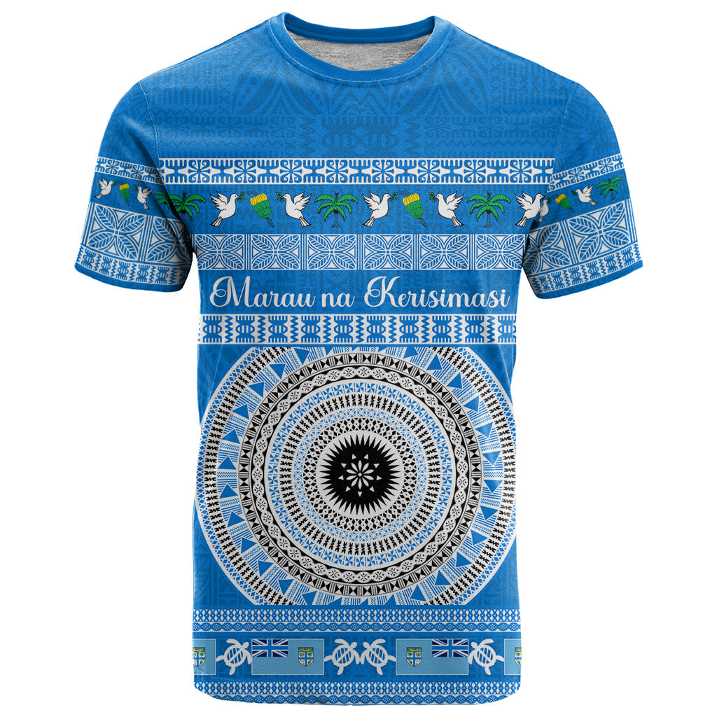 Personalised Fiji Marau Na Kerisimasi T-Shirt Merry Christmas Tapa Pattern Blue Style Graphic Tee