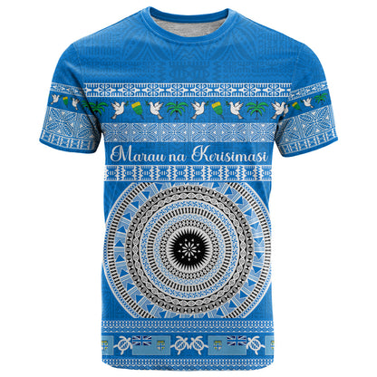 Personalised Fiji Marau Na Kerisimasi T-Shirt Merry Christmas Tapa Pattern Blue Style Graphic Tee