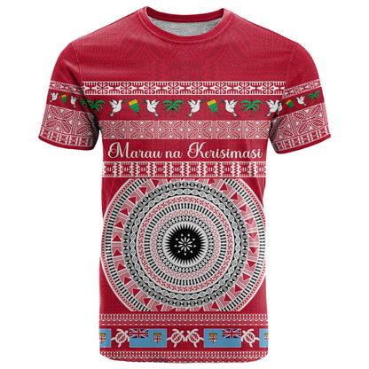 Personalised Fiji Marau Na Kerisimasi T-Shirt Merry Christmas Tapa Pattern Red Style Graphic Tee