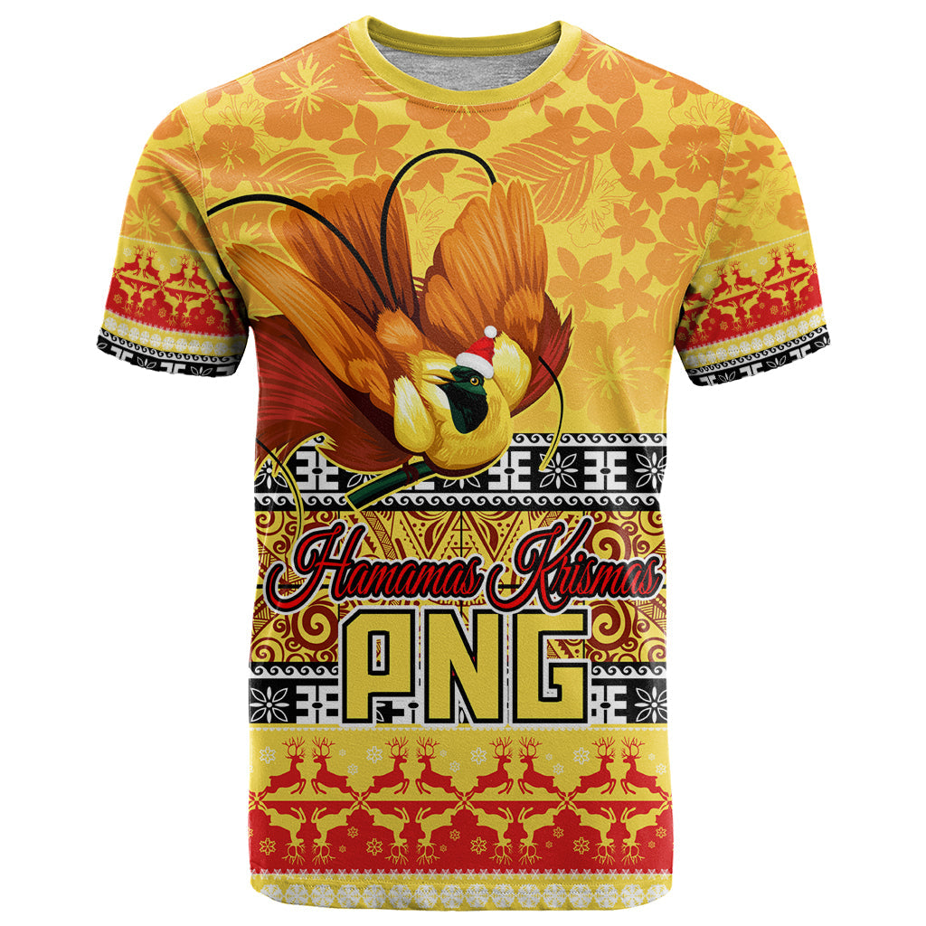 PNG Hamamas Krismas T-Shirt Papua New Guinea Bird Of Paradise Merry Christmas Gold Style Graphic Tee