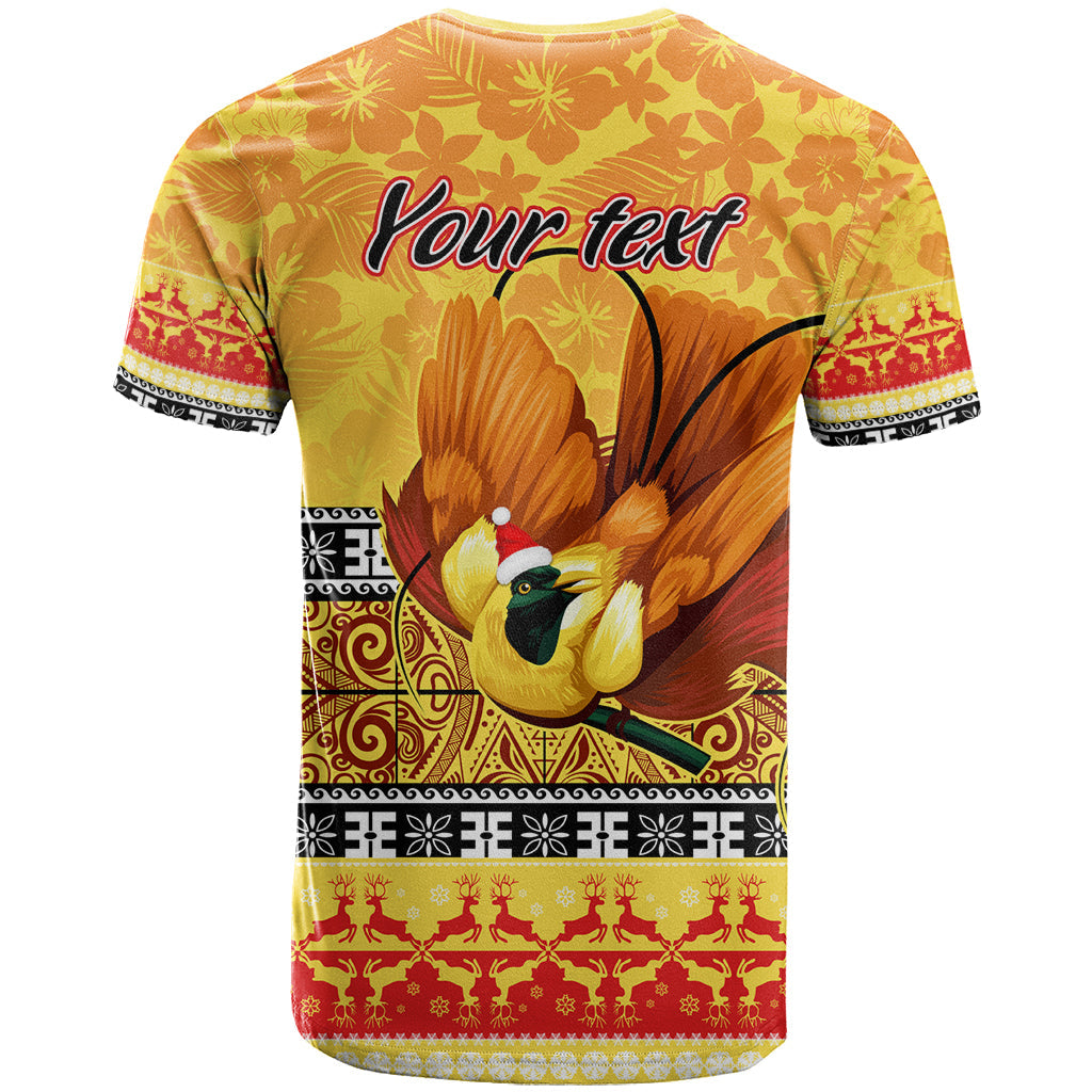 Personalised PNG Hamamas Krismas T-Shirt Papua New Guinea Bird Of Paradise Merry Christmas Gold Style Graphic Tee
