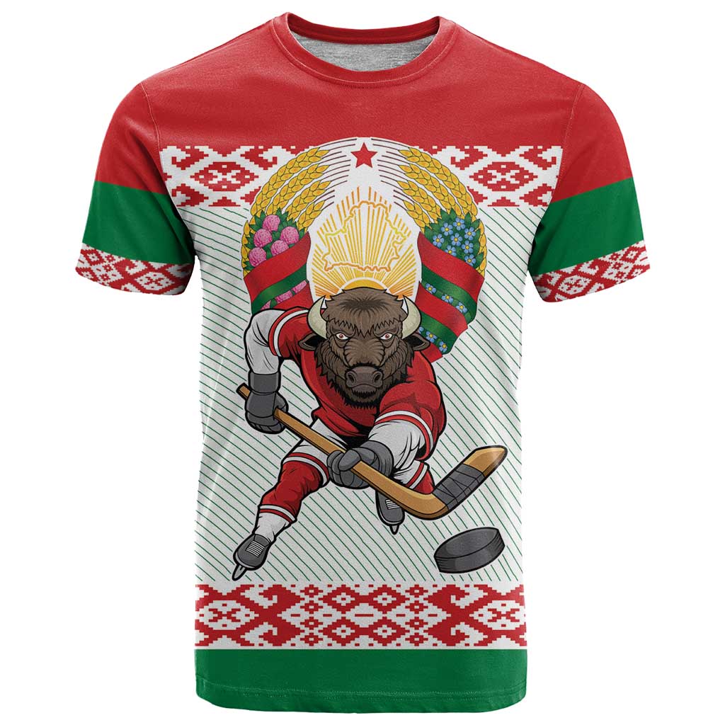 Belarus Ice Hockey Custom T-Shirt With Bison Mascot Flag Style Graphic Tee