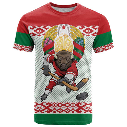 Belarus Ice Hockey Custom T-Shirt With Bison Mascot Flag Style Graphic Tee
