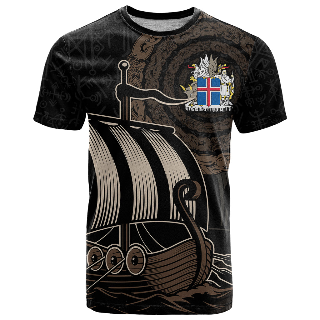 Viking Iceland Coat Of Arms T-Shirt Viking Norman Ship Crossing The Sea Graphic Tee