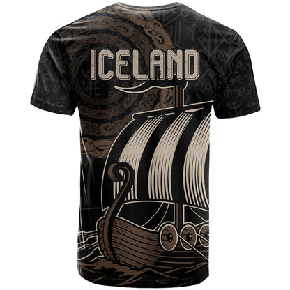 Viking Iceland Coat Of Arms T-Shirt Viking Norman Ship Crossing The Sea Graphic Tee