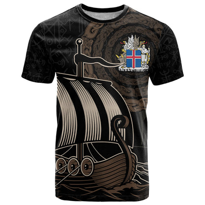 Personalised Viking Iceland T-Shirt Norman Ship with Coat Of Arms Crossing The Sea Graphic Tee
