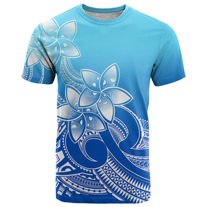 Polynesian Pride Plumeria Flowers T-Shirt Polynesian Tribal Gradient Blue Graphic Tee