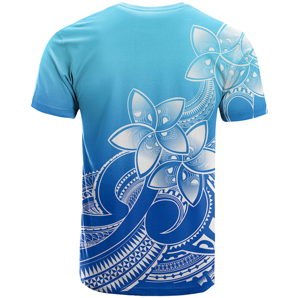 Polynesian Pride Plumeria Flowers T-Shirt Polynesian Tribal Gradient Blue Graphic Tee