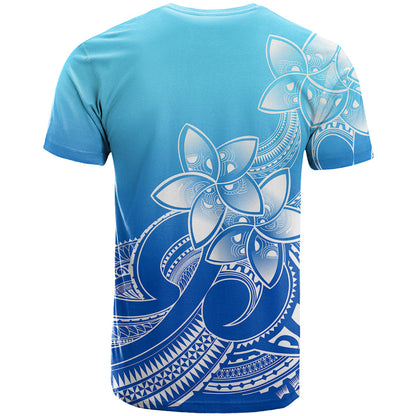 Polynesian Pride Plumeria Flowers T-Shirt Polynesian Tribal Gradient Blue Graphic Tee