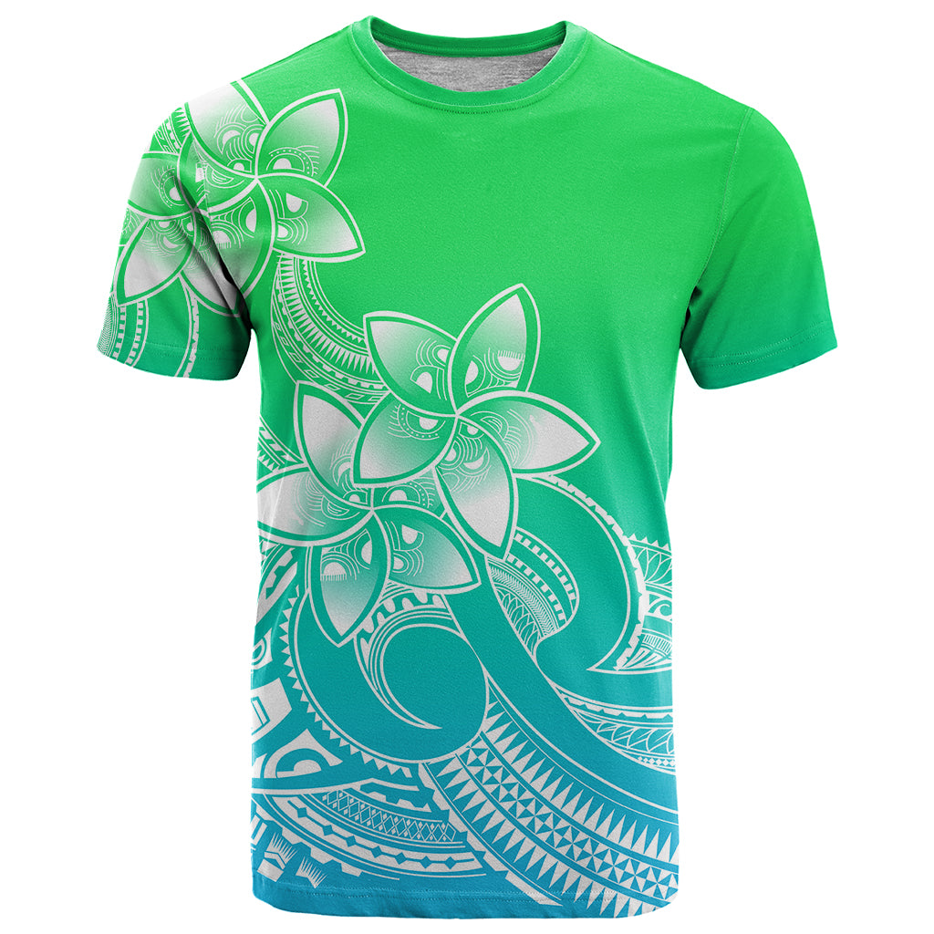 Polynesian Pride Plumeria Flowers T-Shirt Polynesian Tribal Gradient Green Graphic Tee