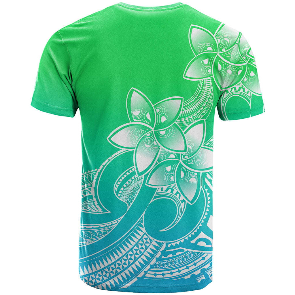 Polynesian Pride Plumeria Flowers T-Shirt Polynesian Tribal Gradient Green Graphic Tee