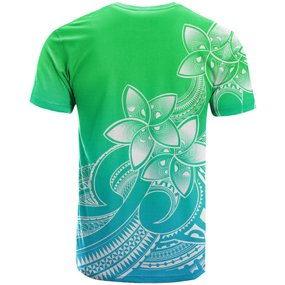 Polynesian Pride Plumeria Flowers T-Shirt Polynesian Tribal Gradient Green Graphic Tee