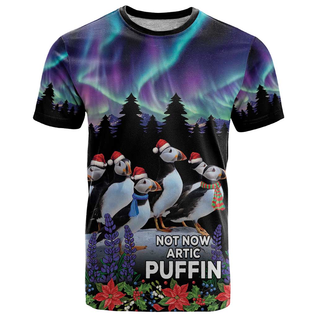Personalized Not Now Arctic Puffin T-Shirt Icelandic Christmas with Northern Lights Graphic Tee