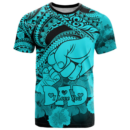 Personalised Polynesian Pride Happy Father Day T-Shirt I Love You Dad - Polynesian Tribal Aqua Graphic Tee