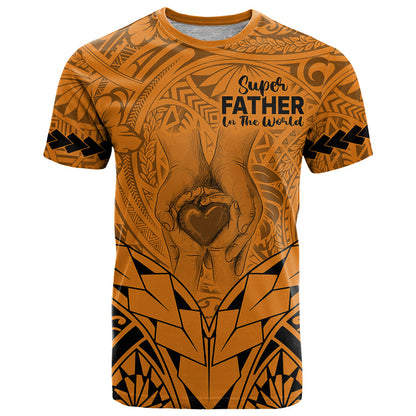 Personalised Polynesian Father's Day Gift For Dad T-Shirt Super Father In The World - Gold Polynesian Pattern Graphic Tee