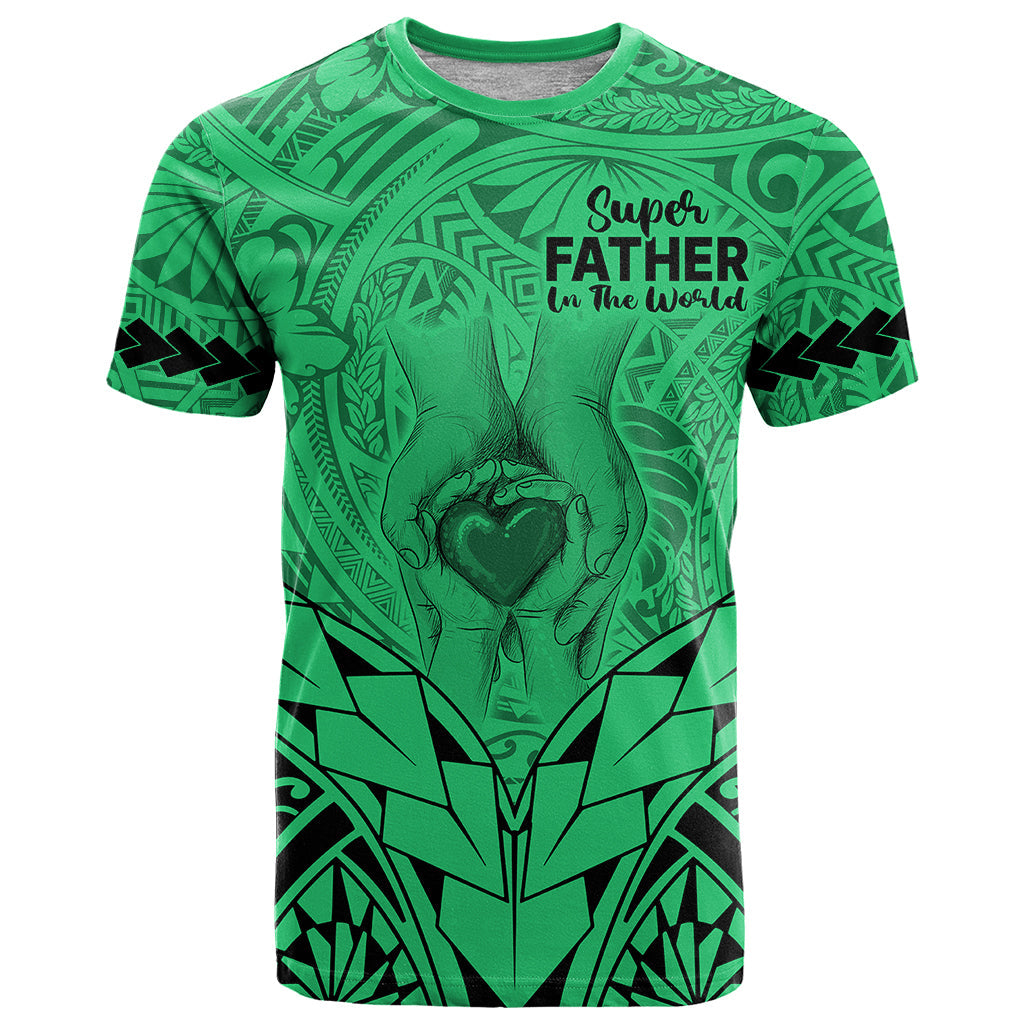 Polynesian Father's Day Gift For Dad T-Shirt Super Father In The World - Green Polynesian Pattern Graphic Tee